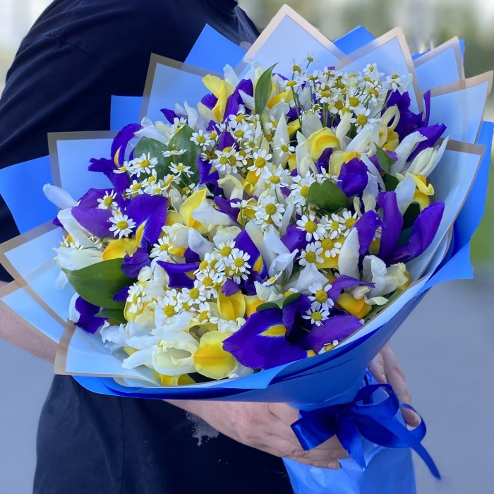 Яркие ирисы с ромашками