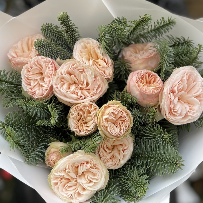 Зимний букет из 3 кустовых пионовидных роз Джентл Трендсеттер