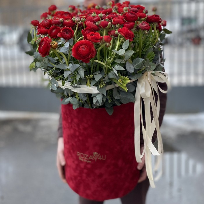 Авторская композиция с красными ранункулюсами в коробке
