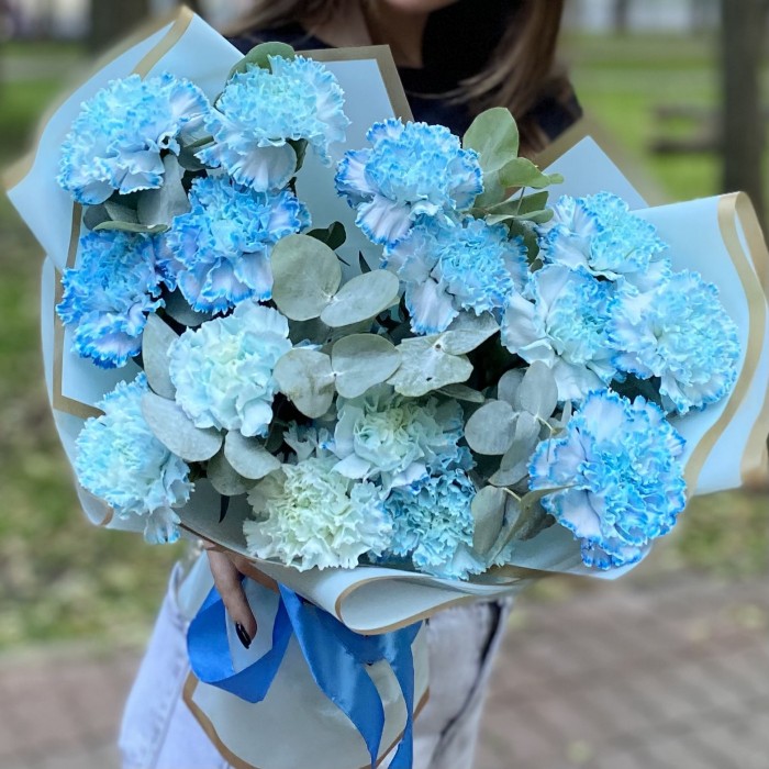 15 гвоздик Блю Молли с эвкалиптом