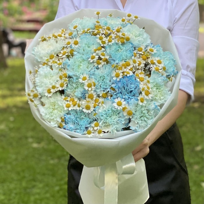 17 голубых  гвоздик Блю Молли с ромашками