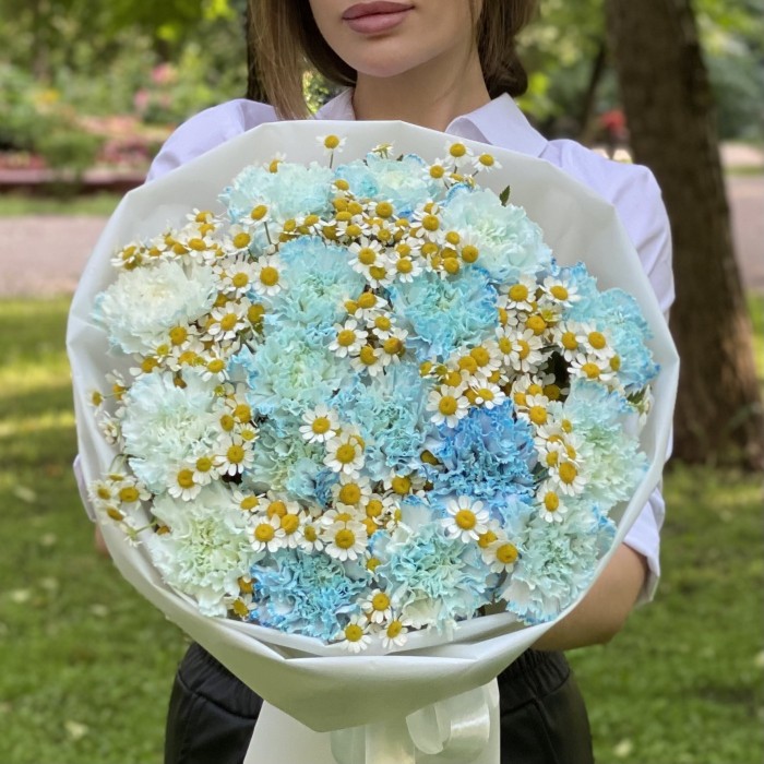 17 голубых  гвоздик Блю Молли с ромашками