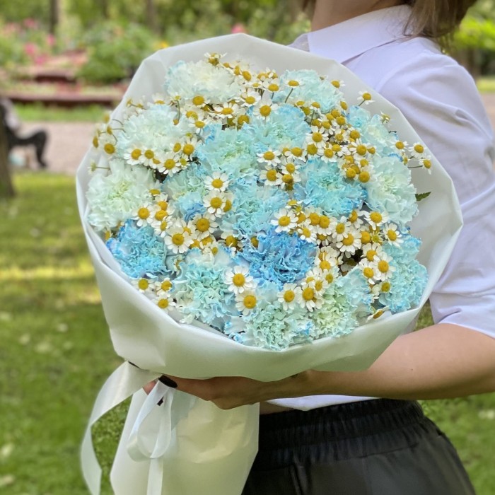 17 голубых  гвоздик Блю Молли с ромашками
