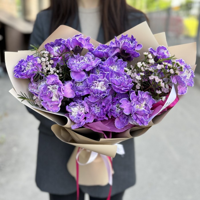 25 гвоздик Вайт Перпл Молли с ваксфлауэром