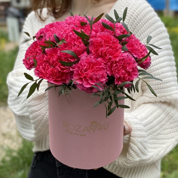 Малиновые гвоздики в коробке