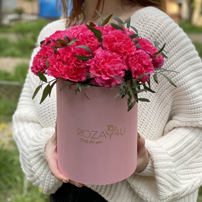 Малиновые гвоздики в коробке