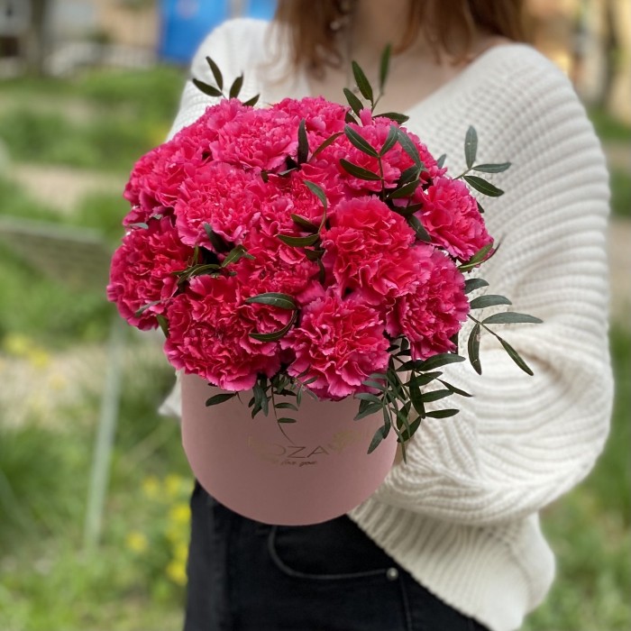 Малиновые гвоздики в коробке