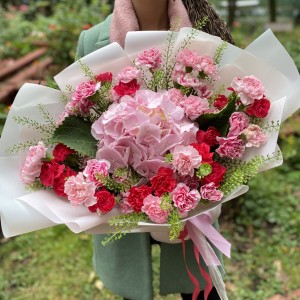 Букет розовых гортензий и гвоздик