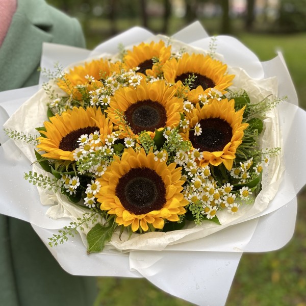 Букет подсолнухи и ромашки