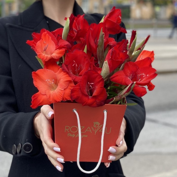 3 красных гладиолуса в коробочке