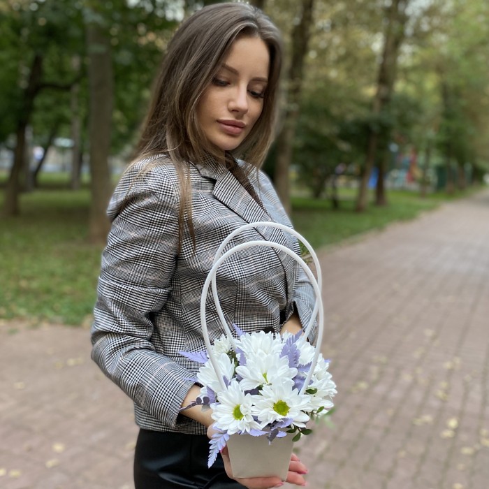 Белая кустовая хризантема Бакарди в сумочке