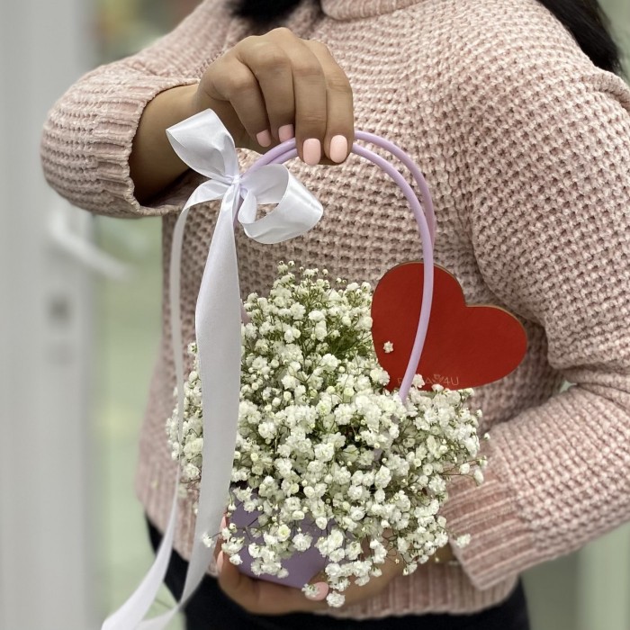 Композиция с гипсофилой в сумочке