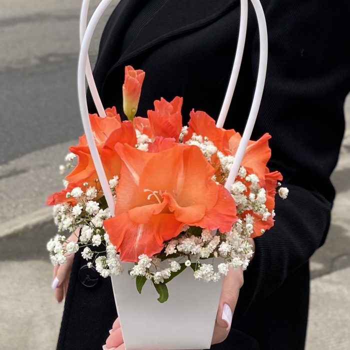 Композиция с коралловым гладиолусом и гипсофилой в сумочке
