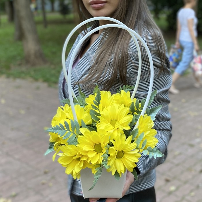 Желтая кустовая хризантема в сумочке