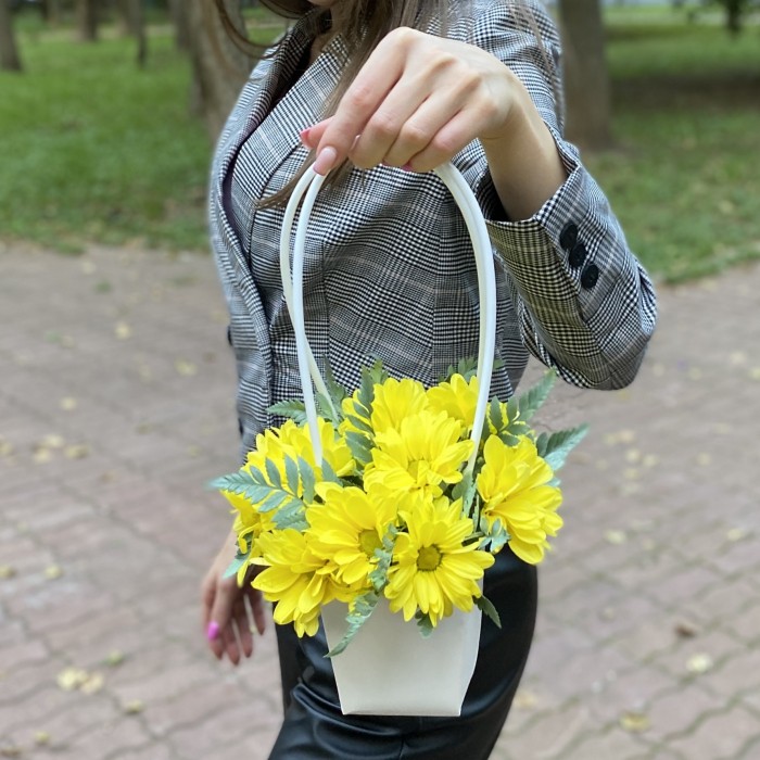 Желтая кустовая хризантема в сумочке
