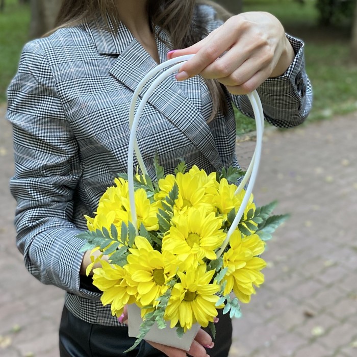 Желтая кустовая хризантема в сумочке