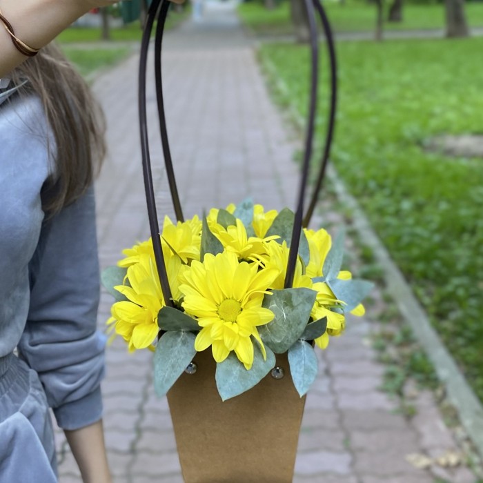 Желтая кустовая хризантема Бакарди в сумочке