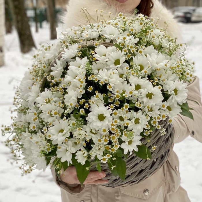 Корзина душистых хризантем и ромашек