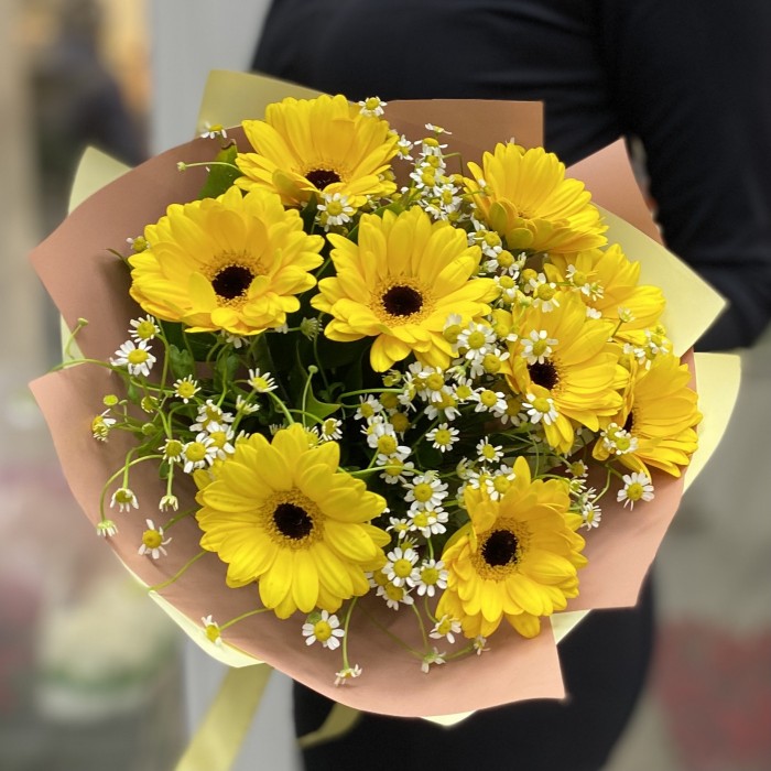 9 желтых гербер с танацетумом