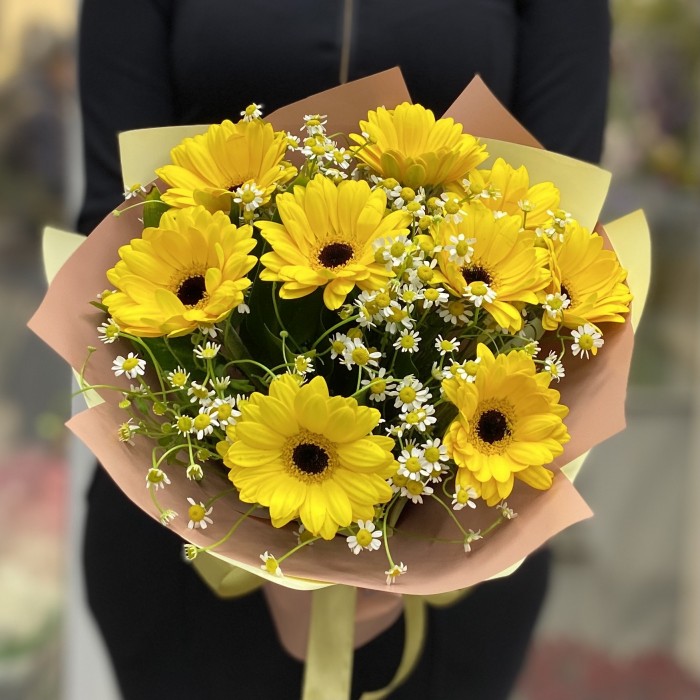 9 желтых гербер с танацетумом