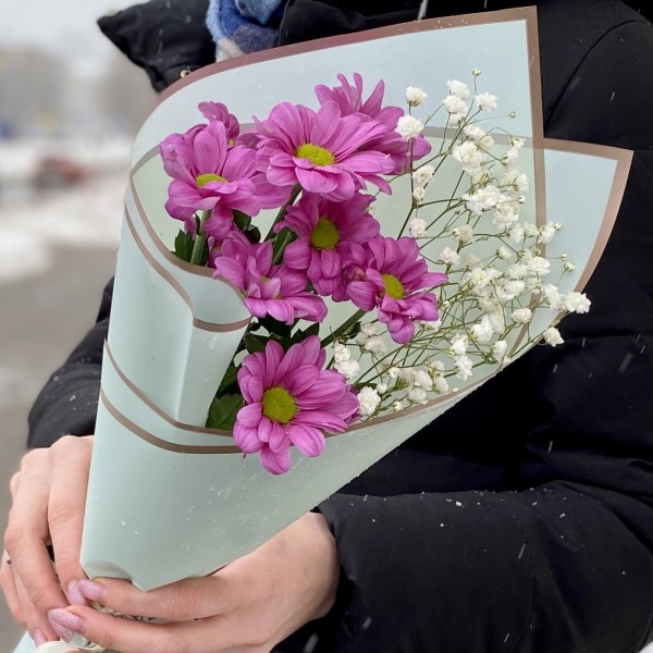 Хризантема Катинка с гипсофилой