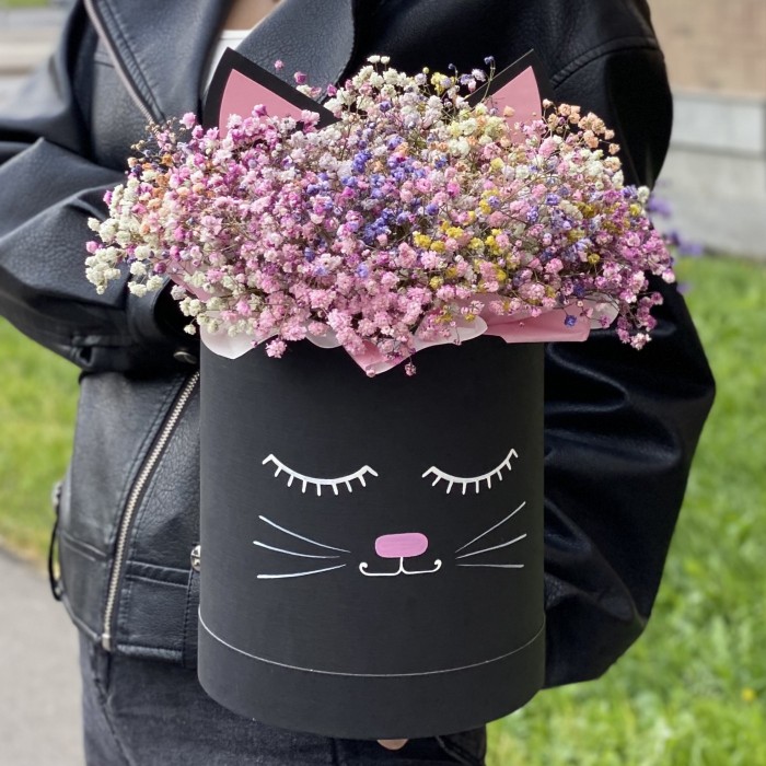 Коробка Кошечка с радужной гипсофилой