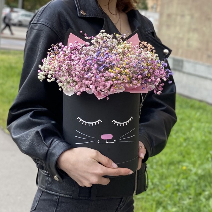 Коробка Кошечка с радужной гипсофилой