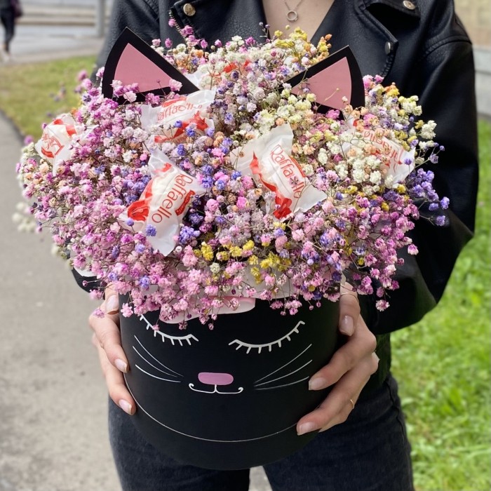 Радужная гипсофила в коробке Кошечка