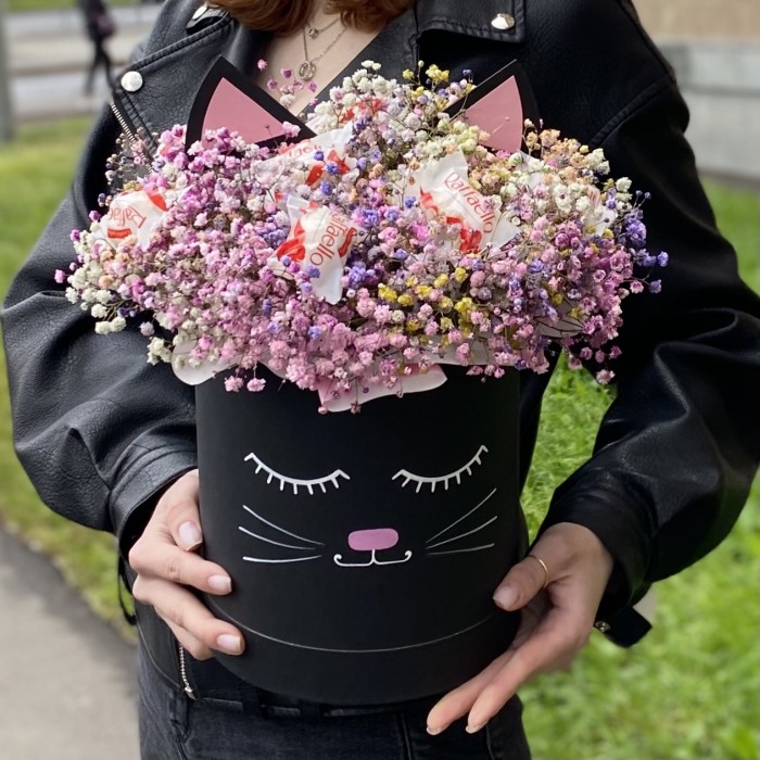 Радужная гипсофила в коробке Кошечка