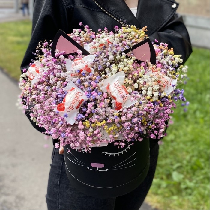 Радужная гипсофила в коробке Кошечка