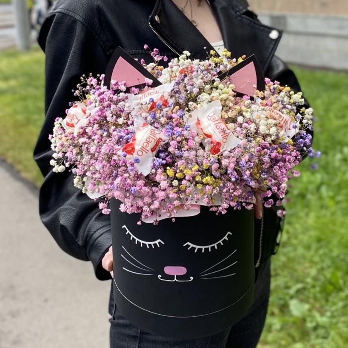 Радужная гипсофила в коробке Кошечка