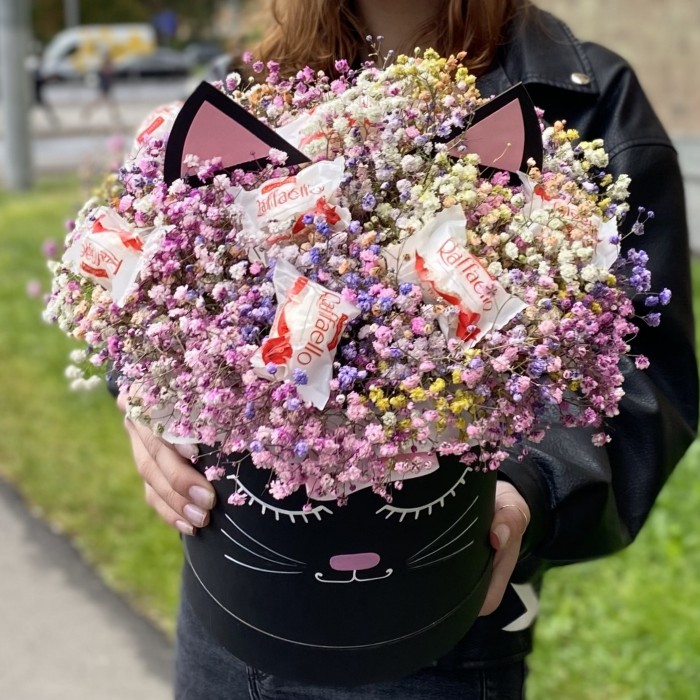 Радужная гипсофила в коробке Кошечка