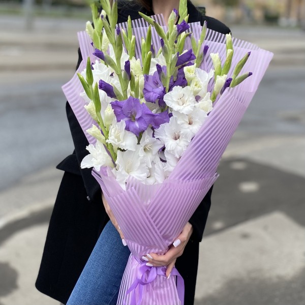 15 белых и фиолетовых гладиолусов