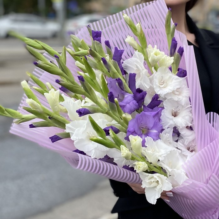 15 белых и фиолетовых гладиолусов