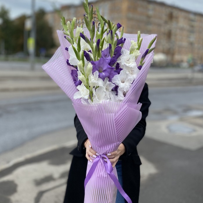 15 белых и фиолетовых гладиолусов