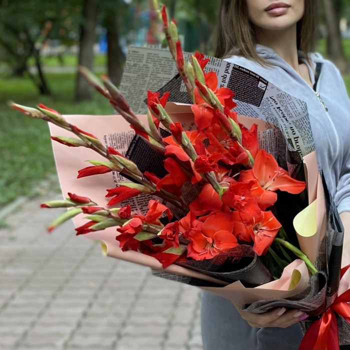 7 красных гладиолусов