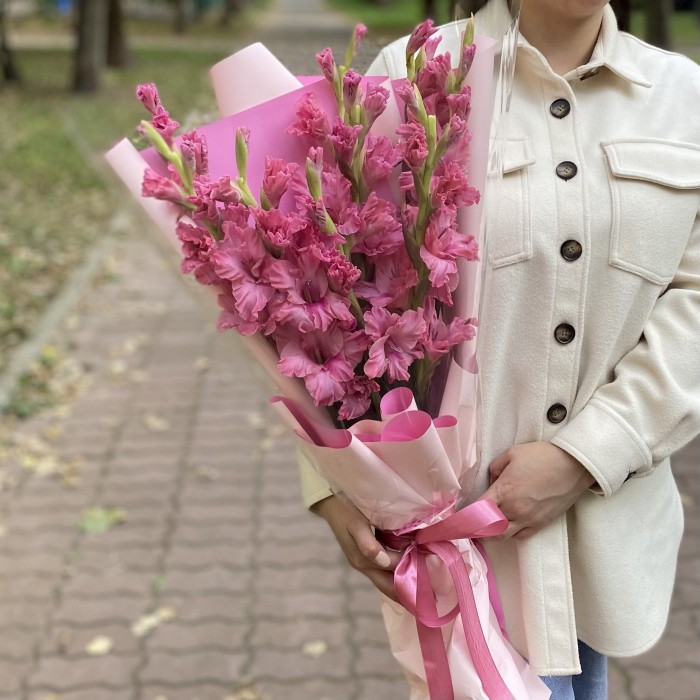 9 розовых гладиолусов