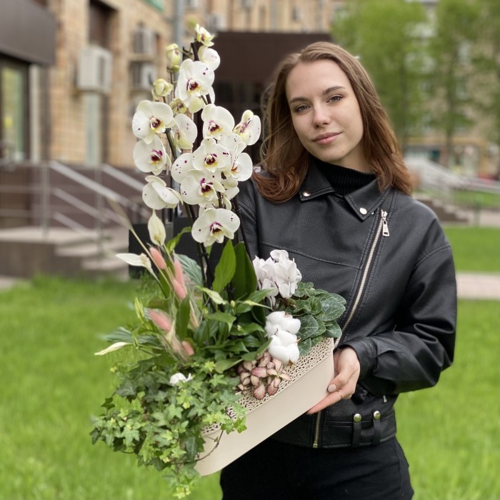 Композиция с орхидеей фаленопсис и спатифиллумом в металлическом кашпо