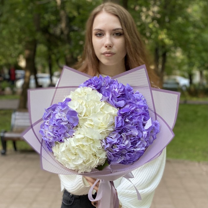 Букет из 5 белых и сиреневых гортензий