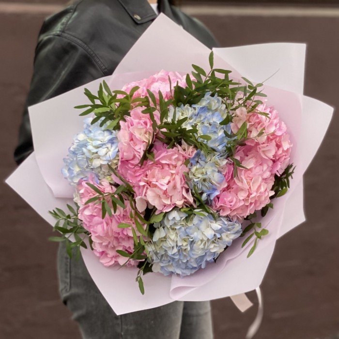 Букет из 7 розовых и голубых гортензий