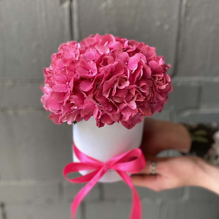 Розовая гортензия в шляпной коробке