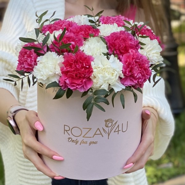 25 малиновых и белых гвоздик в коробке