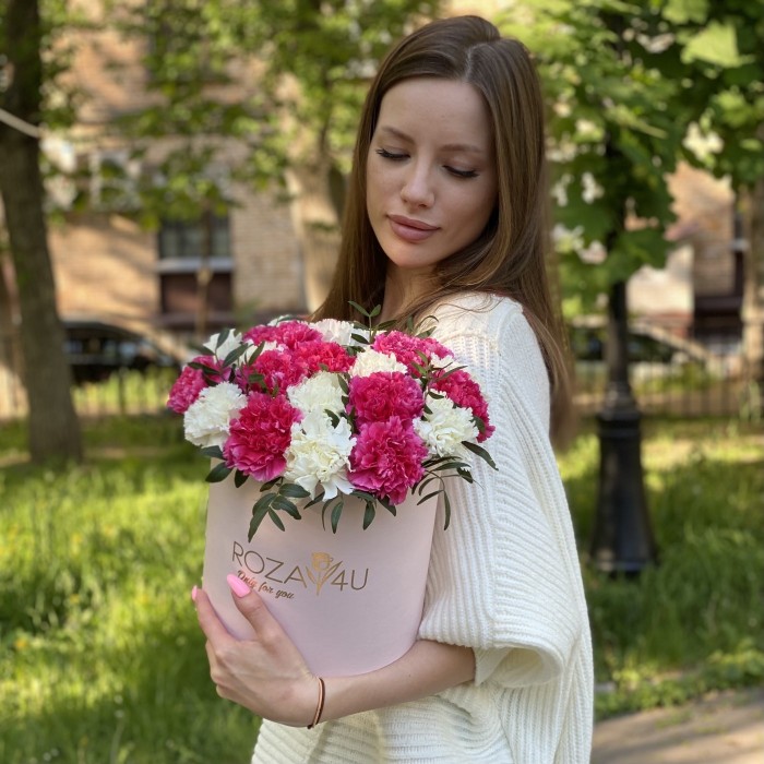 25 малиновых и белых гвоздик в коробке