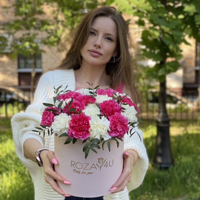 25 малиновых и белых гвоздик в коробке