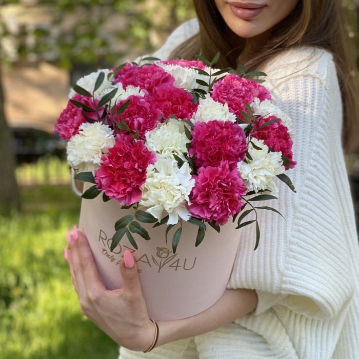 25 малиновых и белых гвоздик в коробке