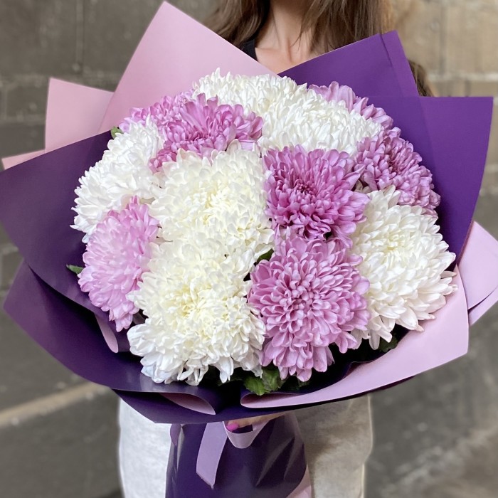 13 белых и сиреневых хризантем
