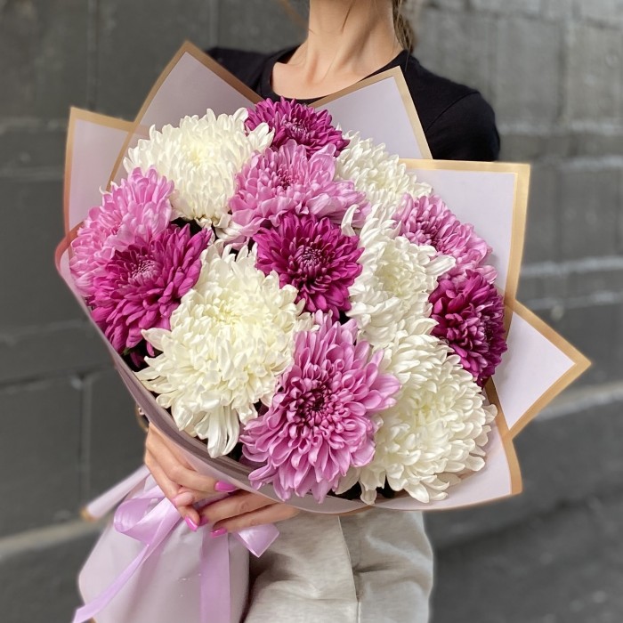 13 белых, фиолетовых и сиреневых хризантем
