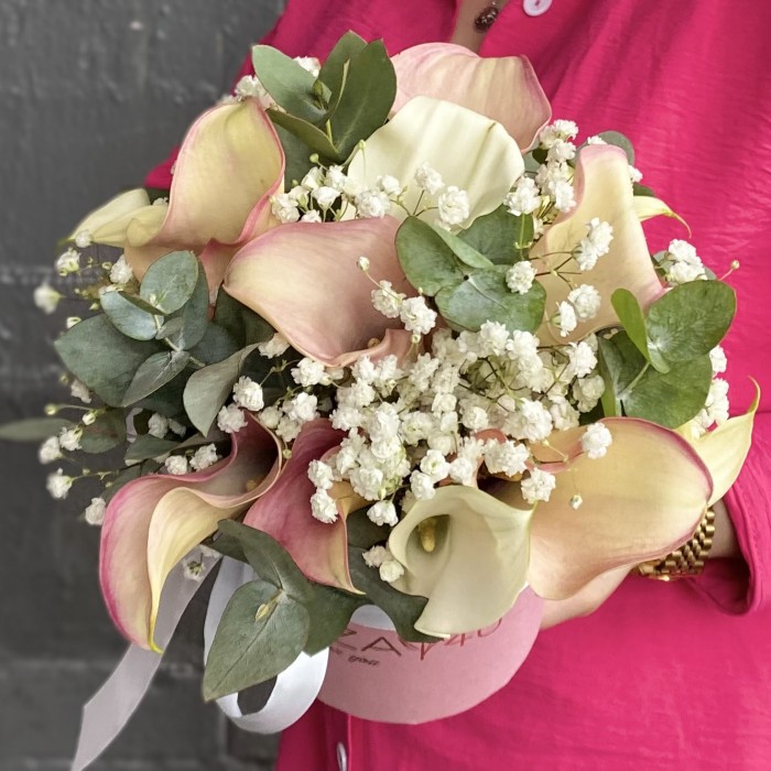 15 нежных калл с гипсофилой в коробке