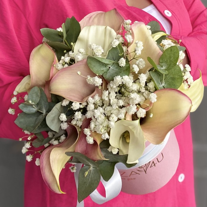 15 нежных калл с гипсофилой в коробке