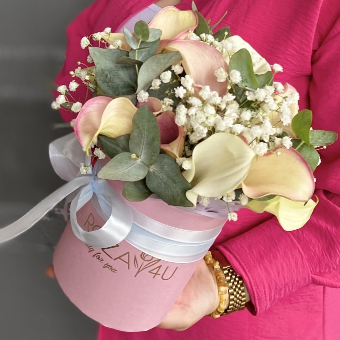 15 нежных калл с гипсофилой в коробке